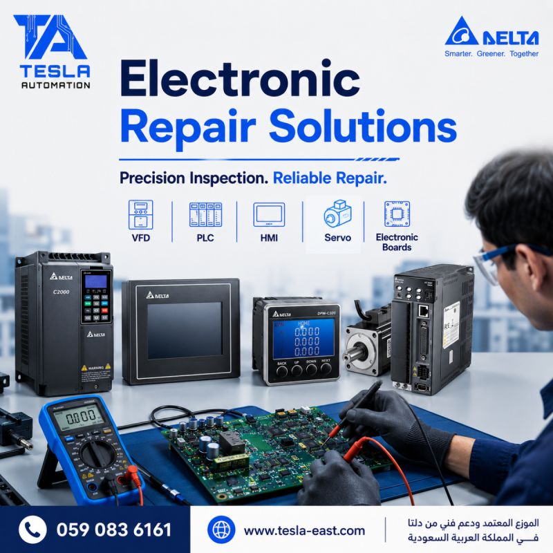 Tesla Automation electronic repair of Delta VFD, PLC, HMI, servo drive and electronic boards