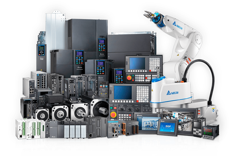 Delta Electronics automation product range including drives, PLCs, and HMIs